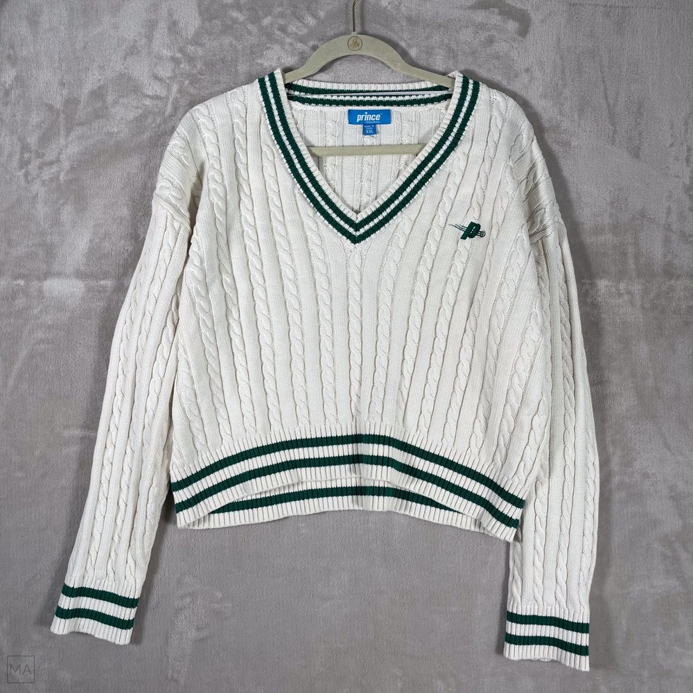 Prince Pickleball Womens Sweater Cable Knit Tennis Preppy V Neck XXL White/Green